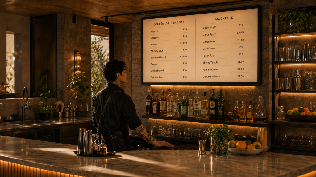 Cocktail menu design in a premium hospitality bar