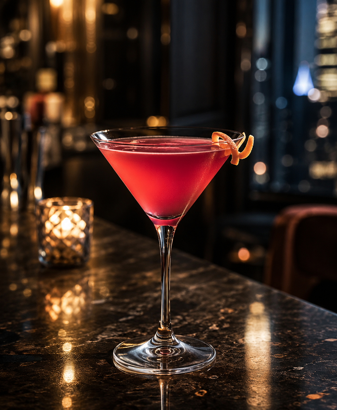 Cosmopolitan cocktail with polished visual identity in a premium bar