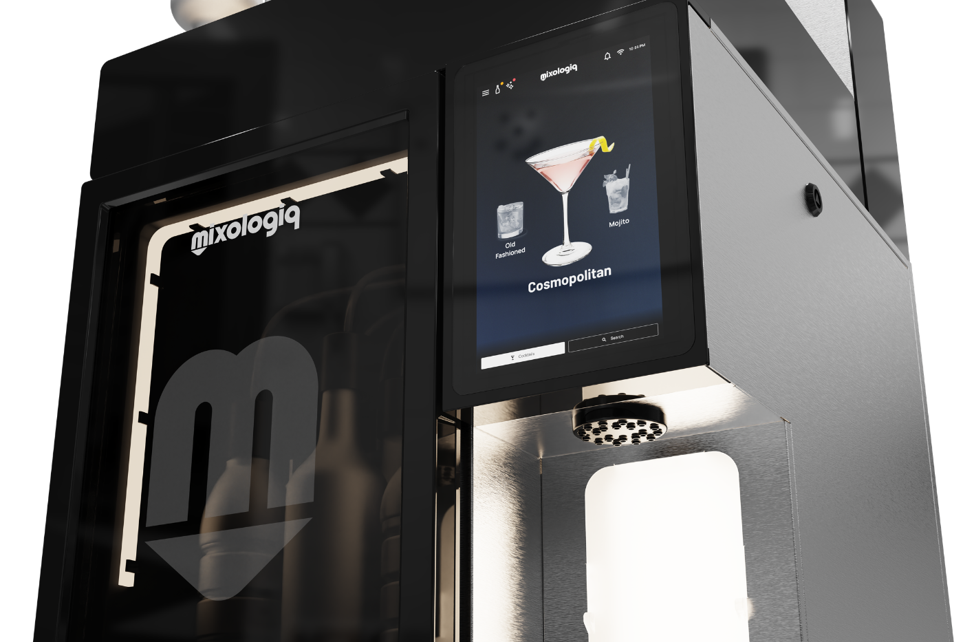 Mixologiq automated cocktail machine with a touchscreen displaying a Cosmopolitan recipe