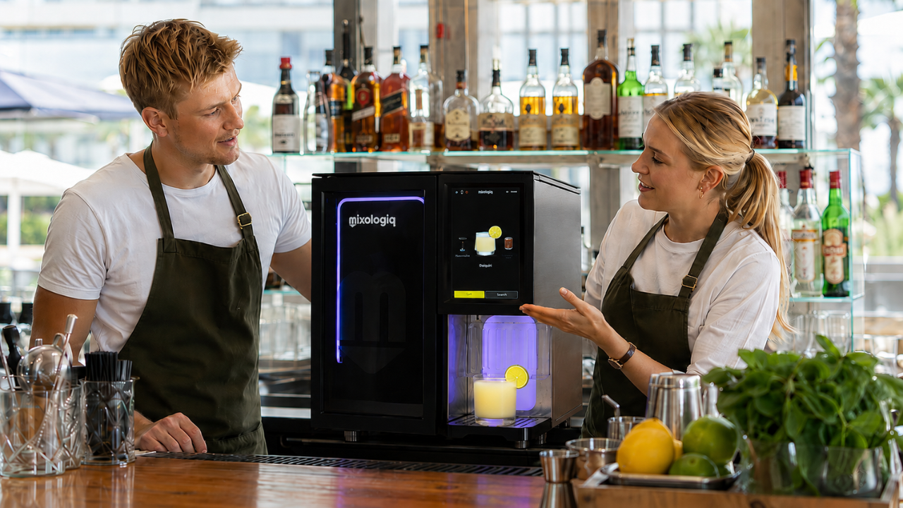 Modern mixology class using an automated cocktail system in a professional bar