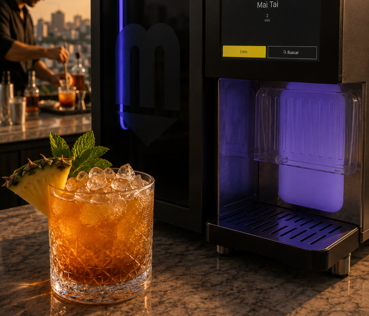 Bartender using a Mixo 20 as cocktail service evolves during a premium event