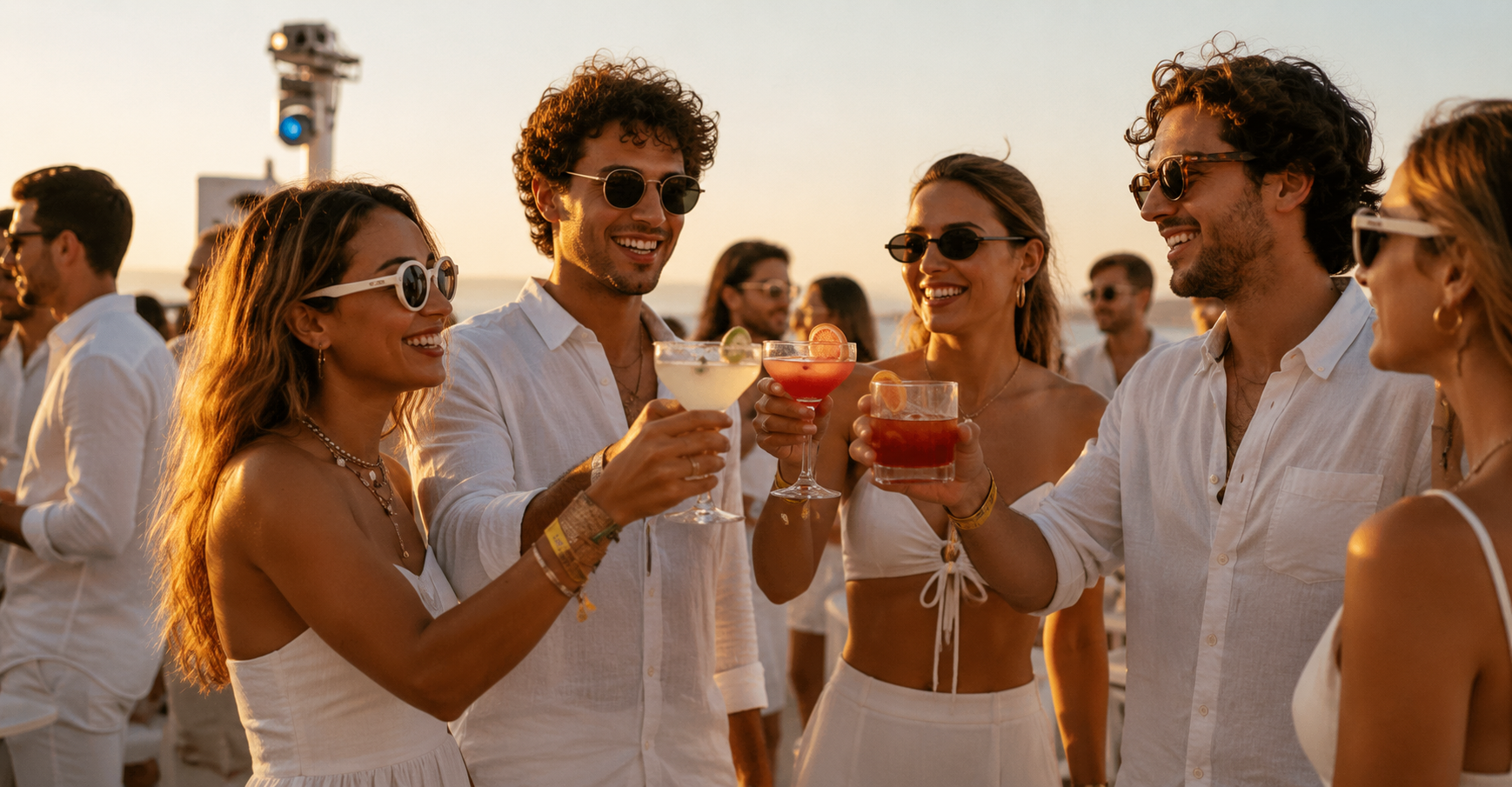 Guests in cocktail dress at a premium event with a curated cocktail menu