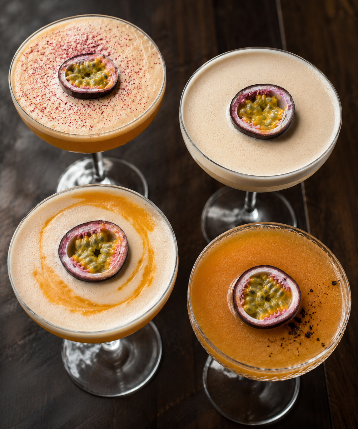 Two controlled Pornstar Martini variations with sparkling wine side serves in a professional bar