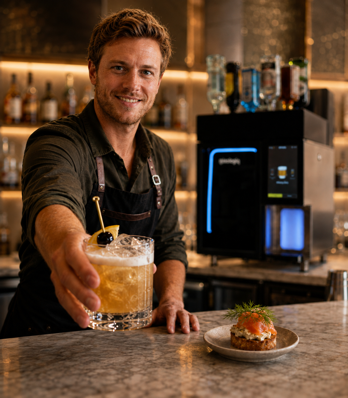 Bartender presenting a cocktail with a refined appetizer while a Mixo 20 appears in the background
