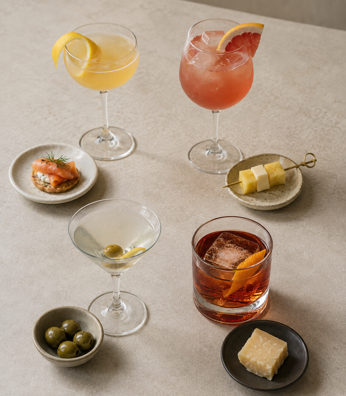 Curated cocktail and appetizer pairings organised by citrus, fruity, dry and intense flavour profiles