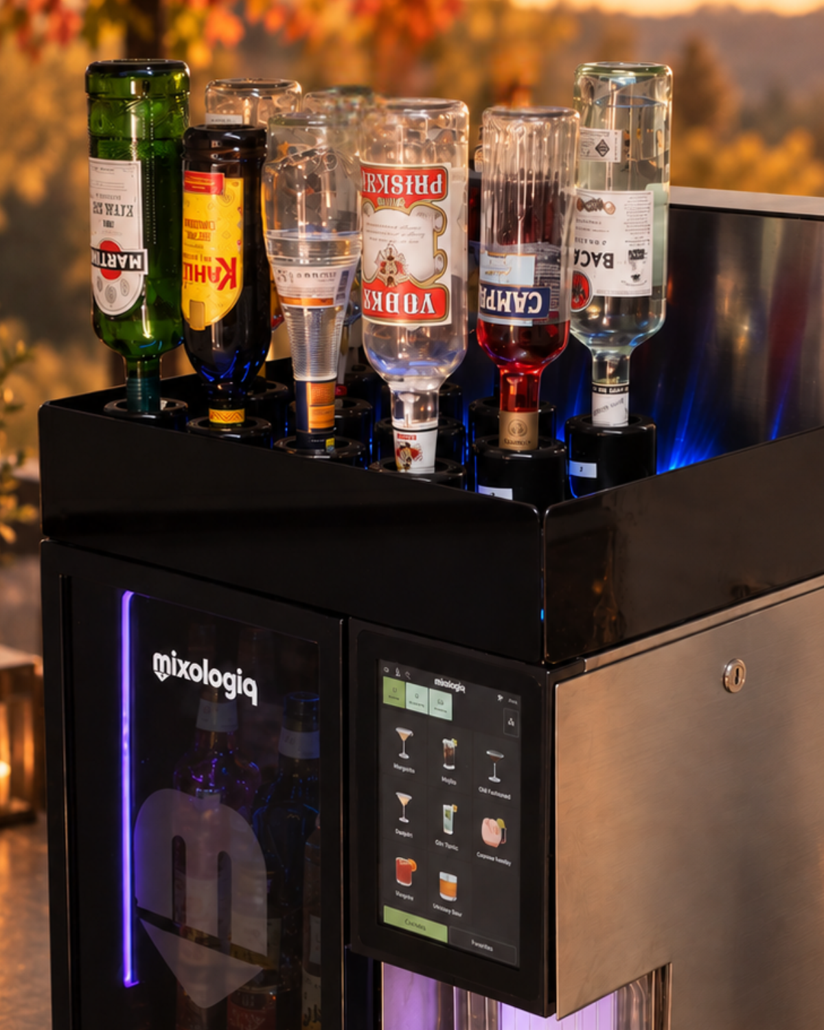 Mixologiq cocktail machine integrated naturally behind a professional bar during evening service