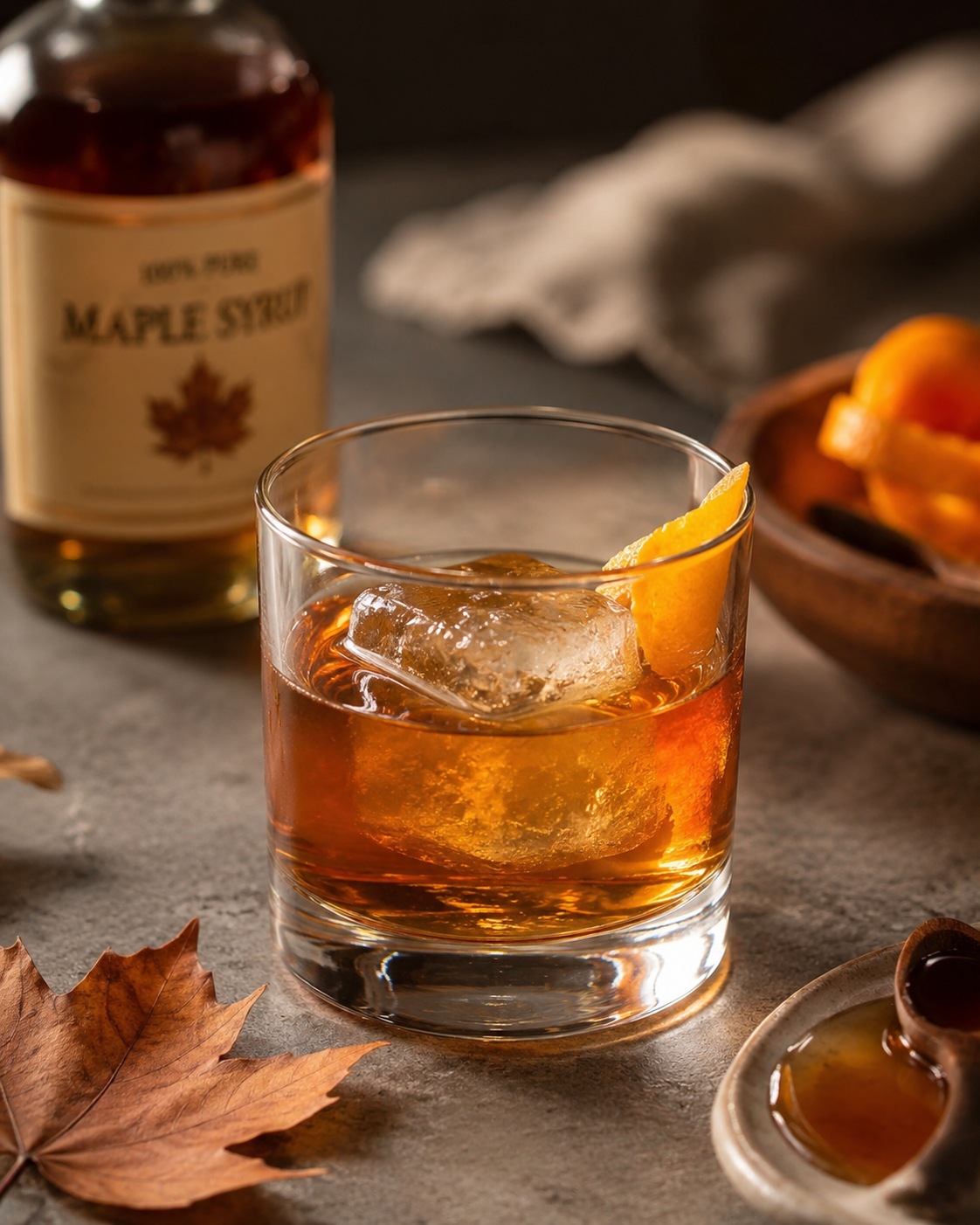 Maple Old Fashioned with bourbon, maple syrup and orange peel